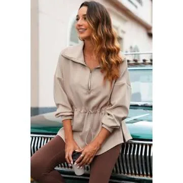 Dokotoo Womens Fall Winter Oversized Half Zip Sweatshirts Drawstring Waist Long Sleeve Side Slits Casual Loose Sweatshirt Lightweight Warm Soft Pullover Outwear Fashion Trendy Clothes Khaki X-Large