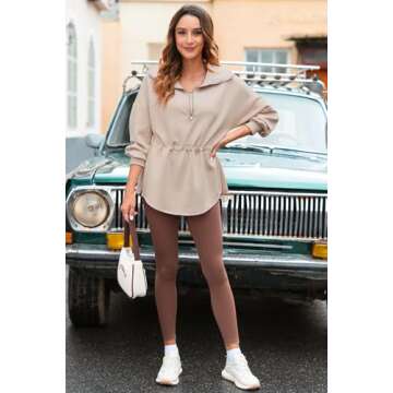 Dokotoo Womens Fall Winter Oversized Half Zip Sweatshirts Drawstring Waist Long Sleeve Side Slits Casual Loose Sweatshirt Lightweight Warm Soft Pullover Outwear Fashion Trendy Clothes Khaki X-Large