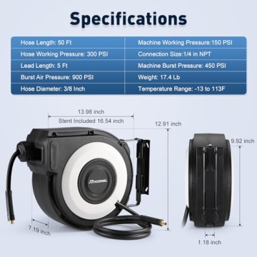 HOZEREEL 50+5 Ft Hybrid Air Hose Reel 300 PSI 180° Swivel
