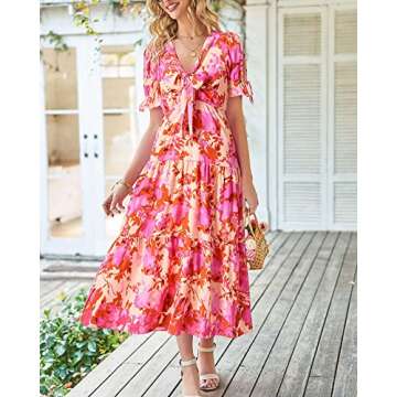 BTFBM 2025 Womens Summer Boho Dress Tie Front Deep V Neck Cutout Short Sleeve Casual Party Floral Be...