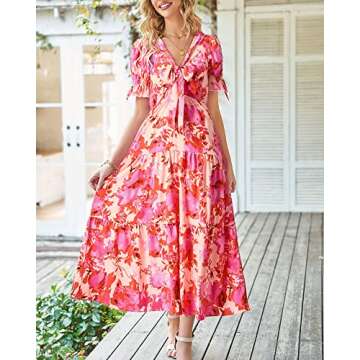 BTFBM 2025 Womens Summer Boho Dress Tie Front Deep V Neck Cutout Short Sleeve Casual Party Floral Beach Maxi Dresses(Floral Pink, Large)