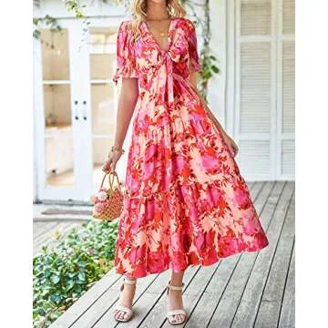 BTFBM 2025 Womens Summer Boho Dress Tie Front Deep V Neck Cutout Short Sleeve Casual Party Floral Beach Maxi Dresses(Floral Pink, Large)