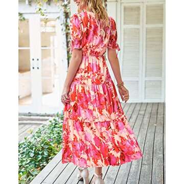 BTFBM 2025 Womens Summer Boho Dress Tie Front Deep V Neck Cutout Short Sleeve Casual Party Floral Beach Maxi Dresses(Floral Pink, Large)