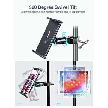 elitehood Metal iPad Mic Stand Holder, 360° Swivel Tilt Microphone Stand Phone Holder Mount, Aluminum Tablet Clamp Adapter for All Phone, iPad Pro 12.9/11, iPad, iPad Mini Air and More 4-12.9" Tablet