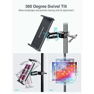 elitehood Metal iPad Mic Stand Holder, 360° Swivel Tilt Microphone Stand Phone Holder Mount, Aluminum Tablet Clamp Adapter for All Phone, iPad Pro 12.9/11, iPad, iPad Mini Air and More 4-12.9" Tablet