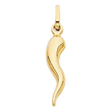 14K Yellow Gold Cornicello Horn Necklace with Pendant - Luck Charm