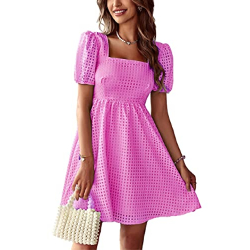 Raikamitu Women's Puff Sleeve Summer Dress in Rose Red