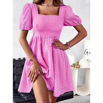 Raikamitu Women's Puff Sleeve Summer Dress in Rose Red