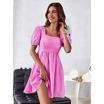 Raikamitu Women's Puff Sleeve Summer Dress in Rose Red