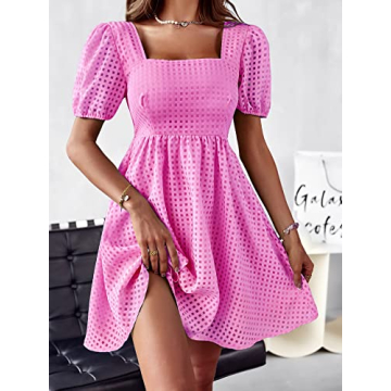 Raikamitu Women's Puff Sleeve Summer Dress in Rose Red