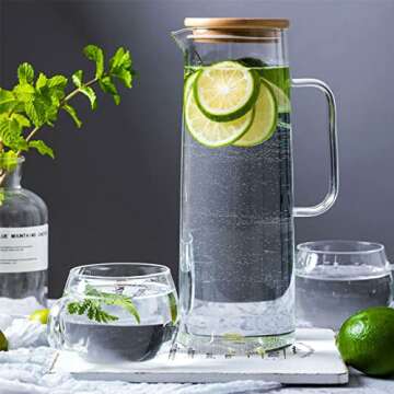 hjn Glass Pitcher with Lid Glass Water Carafe with Handle, Fridge Water Jug Cold or Hot Beverages, I...