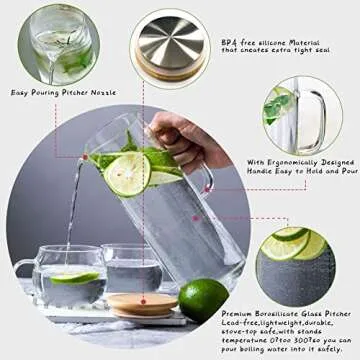 hjn Glass Pitcher with Lid Glass Water Carafe with Handle, Fridge Water Jug Cold or Hot Beverages, Iced Tea, Milk, Juice 1500ml/51oz & bamboo lid
