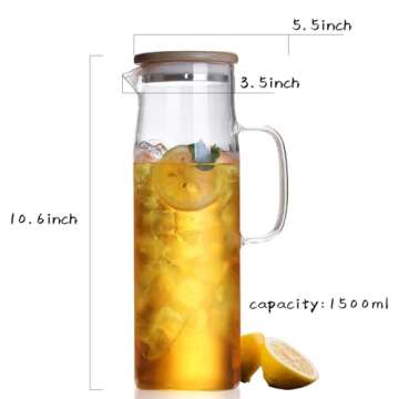 hjn Glass Pitcher with Lid Glass Water Carafe with Handle, Fridge Water Jug Cold or Hot Beverages, Iced Tea, Milk, Juice 1500ml/51oz & bamboo lid