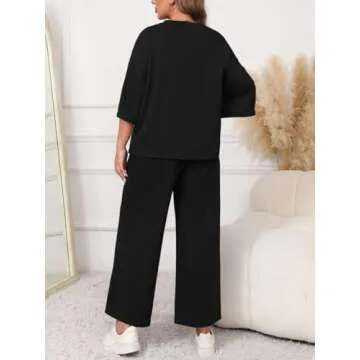 Beautife Womens Plus Size 2 Piece Outfits 3/4 Sleeve Tops and Wide Leg Pants Loungewear Pajamas Sets Black