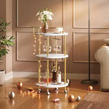 HOOBRO Bar Cart Gold, Home Bar Serving Cart, Rolling Beverage Cart with Wine Rack and Glass Holder, ...