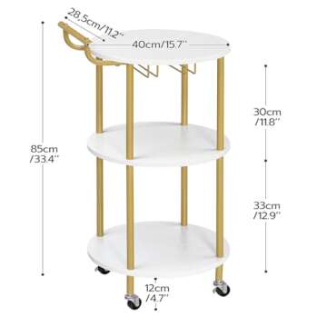 HOOBRO Bar Cart Gold, Home Bar Serving Cart, Rolling Beverage Cart with Wine Rack and Glass Holder, 3-Tier Wine Cart for Kitchen, Dining Room, Living Room, Parties, Gold and White WD31TC01