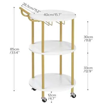 HOOBRO Bar Cart Gold, Home Bar Serving Cart, Rolling Beverage Cart with Wine Rack and Glass Holder, 3-Tier Wine Cart for Kitchen, Dining Room, Living Room, Parties, Gold and White WD31TC01