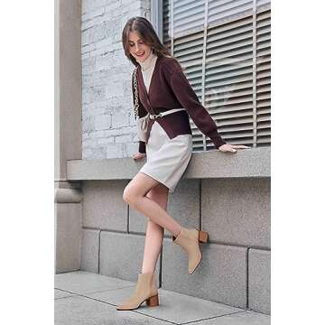 Coutgo Womens Ankle Boots Chunky Block Stacked Mid Heel Pointed Toe Slip On Elastic Chelsea Booties