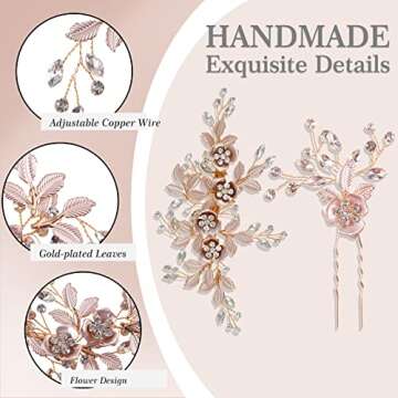 4 Pieces Bridal Rose Gold Hair Accessories for Brides and Bridesmaids Rhinestone Hair Pins Crystal Flower Barrette Wedding Combs with Leaves