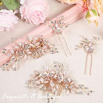 4 Pieces Bridal Rose Gold Hair Accessories for Brides and Bridesmaids Rhinestone Hair Pins Crystal Flower Barrette Wedding Combs with Leaves