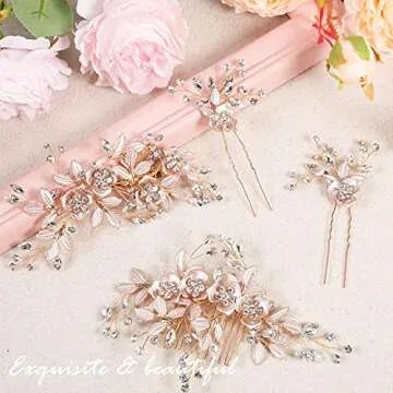4 Pieces Bridal Rose Gold Hair Accessories for Brides and Bridesmaids Rhinestone Hair Pins Crystal Flower Barrette Wedding Combs with Leaves