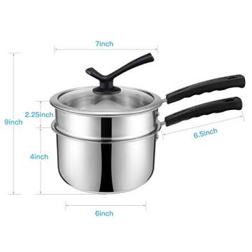 Double Boilers&Classic Stainless Steel Non-Stick Saucepan,Steam Melting Pot for Candle,Butter,Chocolate,Cheese,Caramel and Bonus with Tempered Glass Lid