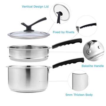 Double Boilers&Classic Stainless Steel Non-Stick Saucepan,Steam Melting Pot for Candle,Butter,Chocolate,Cheese,Caramel and Bonus with Tempered Glass Lid