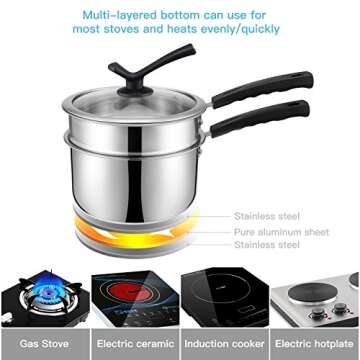 Double Boilers&Classic Stainless Steel Non-Stick Saucepan,Steam Melting Pot for Candle,Butter,Chocolate,Cheese,Caramel and Bonus with Tempered Glass Lid
