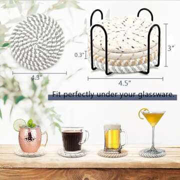 MeltsetM Coasters for Drinks Absorbent Woven Coaster Set with Holder Farmhouse Cute Cloth Fabric Cup Coasters for Coffee Table Office Desk, Handmade Boho Decor Tabletop Protection, 8 Pack