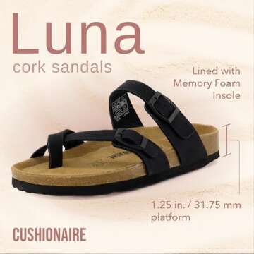 CUSHIONAIRE Women's Luna Cork Footbed Sandal With +Comfort BLACK 7.5