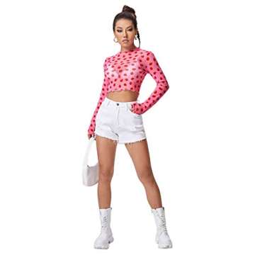 Floerns Long Sleeve Floral Sheer Mesh Crop Tee Top