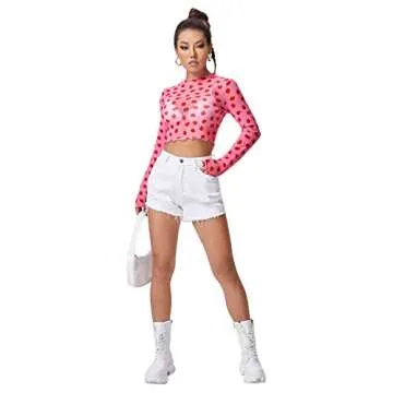 Floerns Long Sleeve Floral Sheer Mesh Crop Tee Top