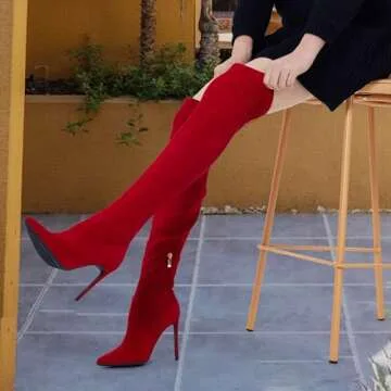 GENSHUO Over the Knee Boots for Women with Heel Suede Thigh High Boots Stretch Sexy Pointed Toe Stiletto Long Boot Shoes Red Size 8