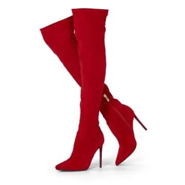 GENSHUO Over the Knee Boots for Women with Heel Suede Thigh High Boots Stretch Sexy Pointed Toe Stiletto Long Boot Shoes Red Size 8