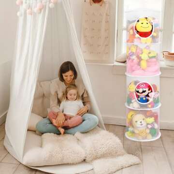 coastal rose 2Pcs Stuffed Animal Storage Foldable Stuffed Animal Net or Hammock Organizer, 4 Compart...