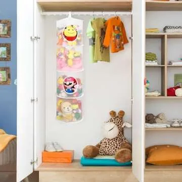 coastal rose 2Pcs Stuffed Animal Storage Foldable Stuffed Animal Net or Hammock Organizer, 4 Compartments Hanging Mesh Toy Storage Hammock for Kid Room Toys, Gloves, Hats, Socks(White)