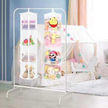 coastal rose 2Pcs Stuffed Animal Storage Foldable Stuffed Animal Net or Hammock Organizer, 4 Compartments Hanging Mesh Toy Storage Hammock for Kid Room Toys, Gloves, Hats, Socks(White)