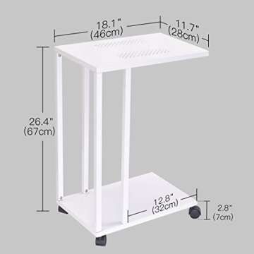 C Sofa Side End Tables with Metal Top Lockable Wheels 26 Inch Height White Mobile Snack Table for Coffee Laptop Tablet, Slides Next to Sofa Couch Bed Cart for Business Office Bar Party Meeting