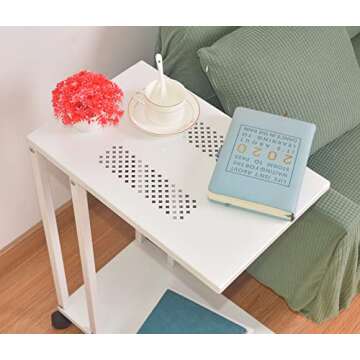 C Sofa Side End Tables with Metal Top Lockable Wheels 26 Inch Height White Mobile Snack Table for Coffee Laptop Tablet, Slides Next to Sofa Couch Bed Cart for Business Office Bar Party Meeting