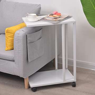 C Sofa Side End Tables with Metal Top Lockable Wheels 26 Inch Height White Mobile Snack Table for Coffee Laptop Tablet, Slides Next to Sofa Couch Bed Cart for Business Office Bar Party Meeting