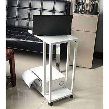 C Sofa Side End Tables with Metal Top Lockable Wheels 26 Inch Height White Mobile Snack Table for Coffee Laptop Tablet, Slides Next to Sofa Couch Bed Cart for Business Office Bar Party Meeting