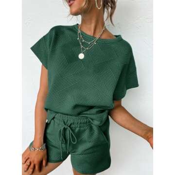 Tankaneo Womens Loungewear Set Short Sleeve Tops and Shorts 2 Piece Outfits Matching Lounge Pajama Set with Pockets Dark Green