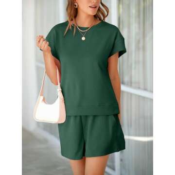 Tankaneo Womens Loungewear Set Short Sleeve Tops and Shorts 2 Piece Outfits Matching Lounge Pajama Set with Pockets Dark Green