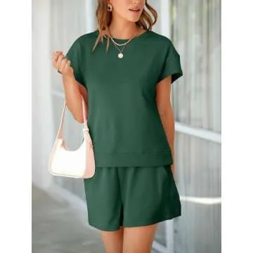 Tankaneo Womens Loungewear Set Short Sleeve Tops and Shorts 2 Piece Outfits Matching Lounge Pajama Set with Pockets Dark Green