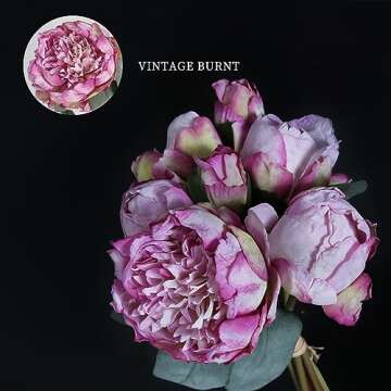 ICBOX Purple Artificial Peony Flowers 2 Bouquets Silk Peonies with Stems Real Look Purple Flowers Ar...