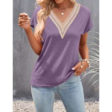 MEROKEETY Tops for Women Crochet Lace Trim V-Neck T Shirts Simple Tunic Pullover Tee Shirts, Purple,...