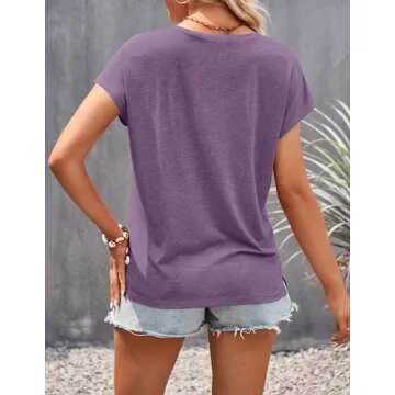 Stylish MEROKEETY Crochet Lace Trim V-Neck Tee for Women
