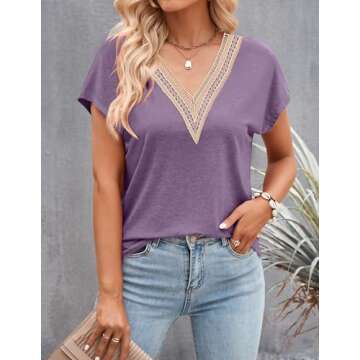 Stylish MEROKEETY Crochet Lace Trim V-Neck Tee for Women