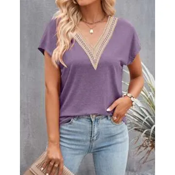 Stylish MEROKEETY Crochet Lace Trim V-Neck Tee for Women