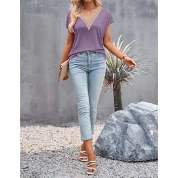 Stylish MEROKEETY Crochet Lace Trim V-Neck Tee for Women